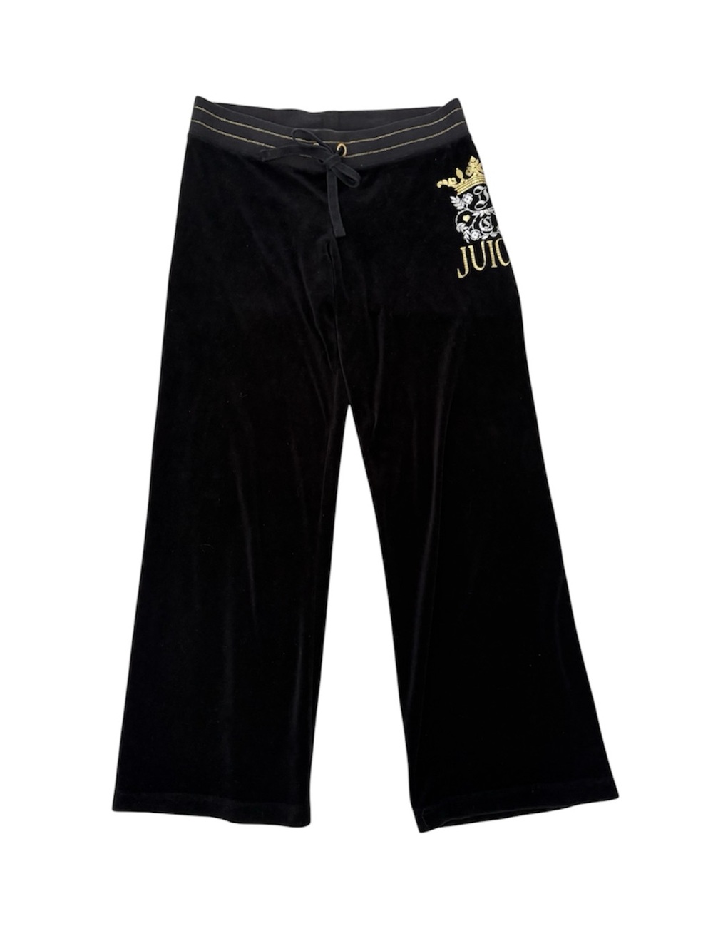 Juicy Couture Black Velour Wide Leg Pants with Gold Crest